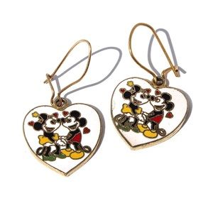 Vintage Mickey & Minnie Mouse White Enamel Heart Earrings Gold Tone Walt Disney